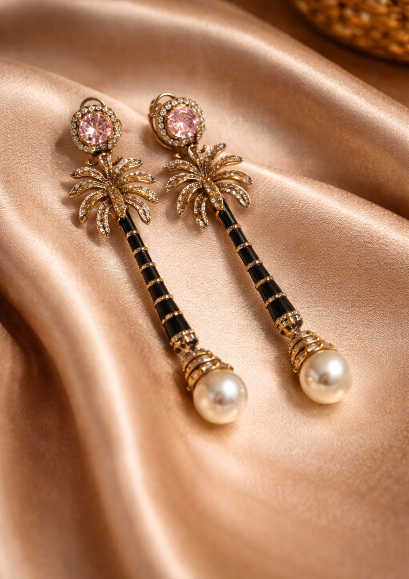 Royal Palm Motif Statement Earrings with Black Onyx & Pearl Drop