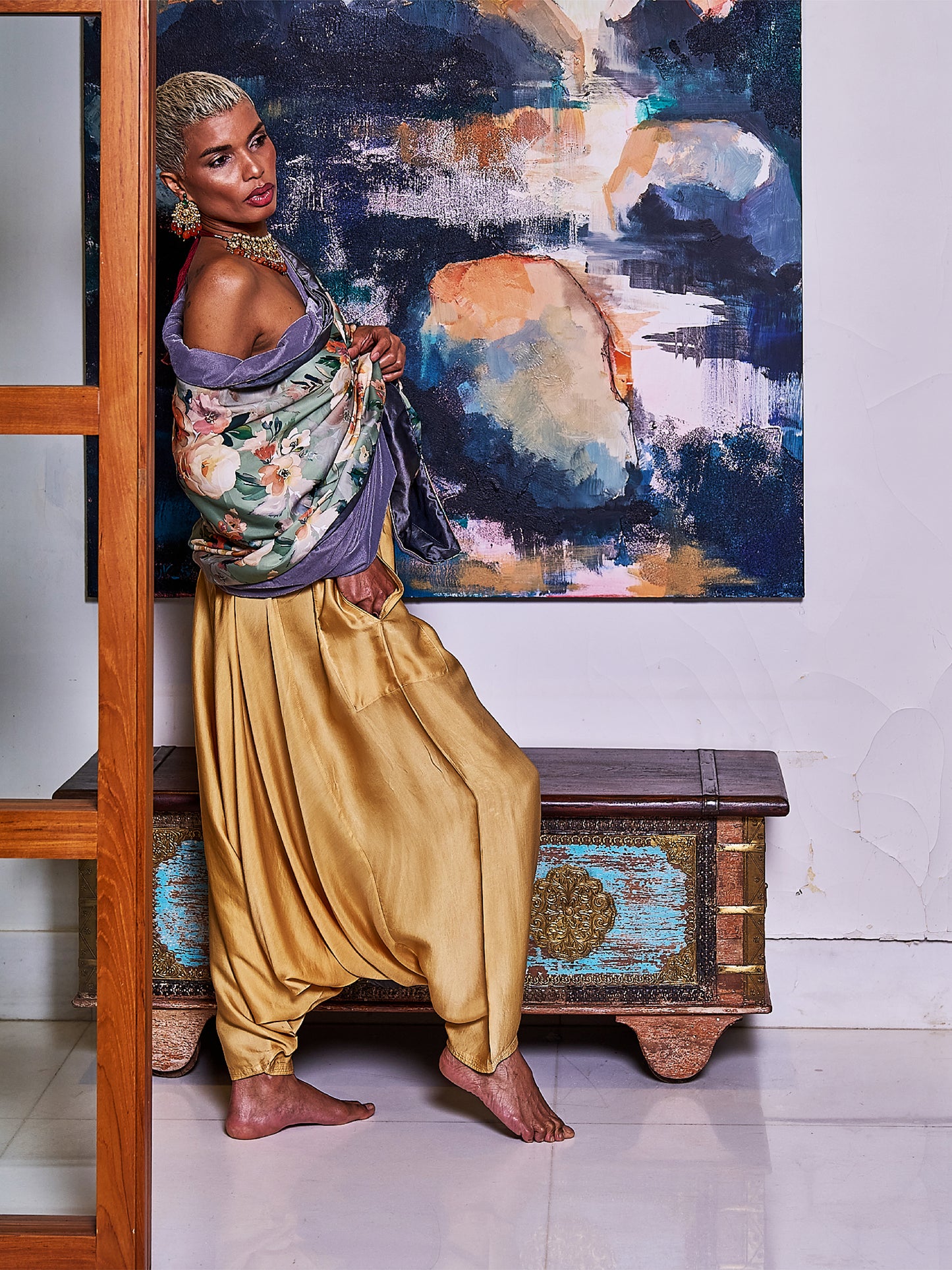 Beige Satin Silk Dhoti Pants