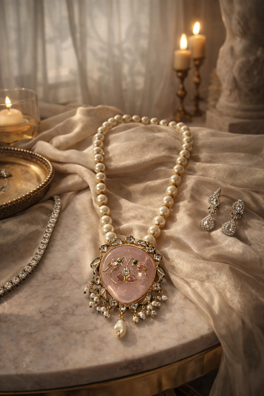 Royal Rose Quartz Kundan Pearl Long Necklace