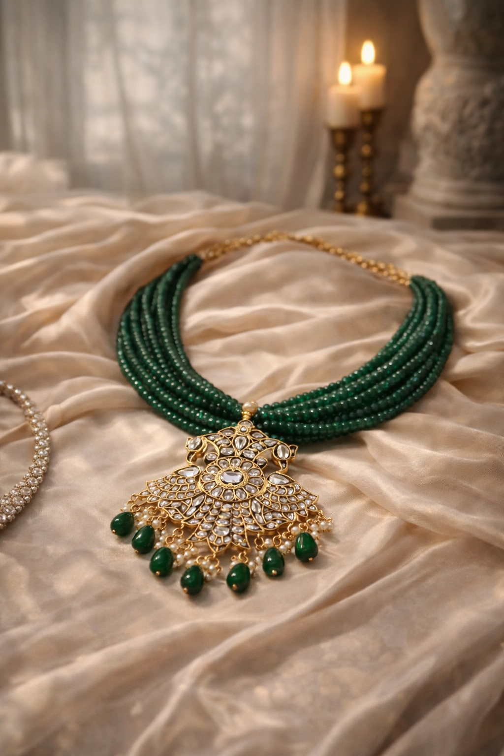 Emerald Peacock Kundan Pendant Necklace with Green Quartz & Pearl Drops