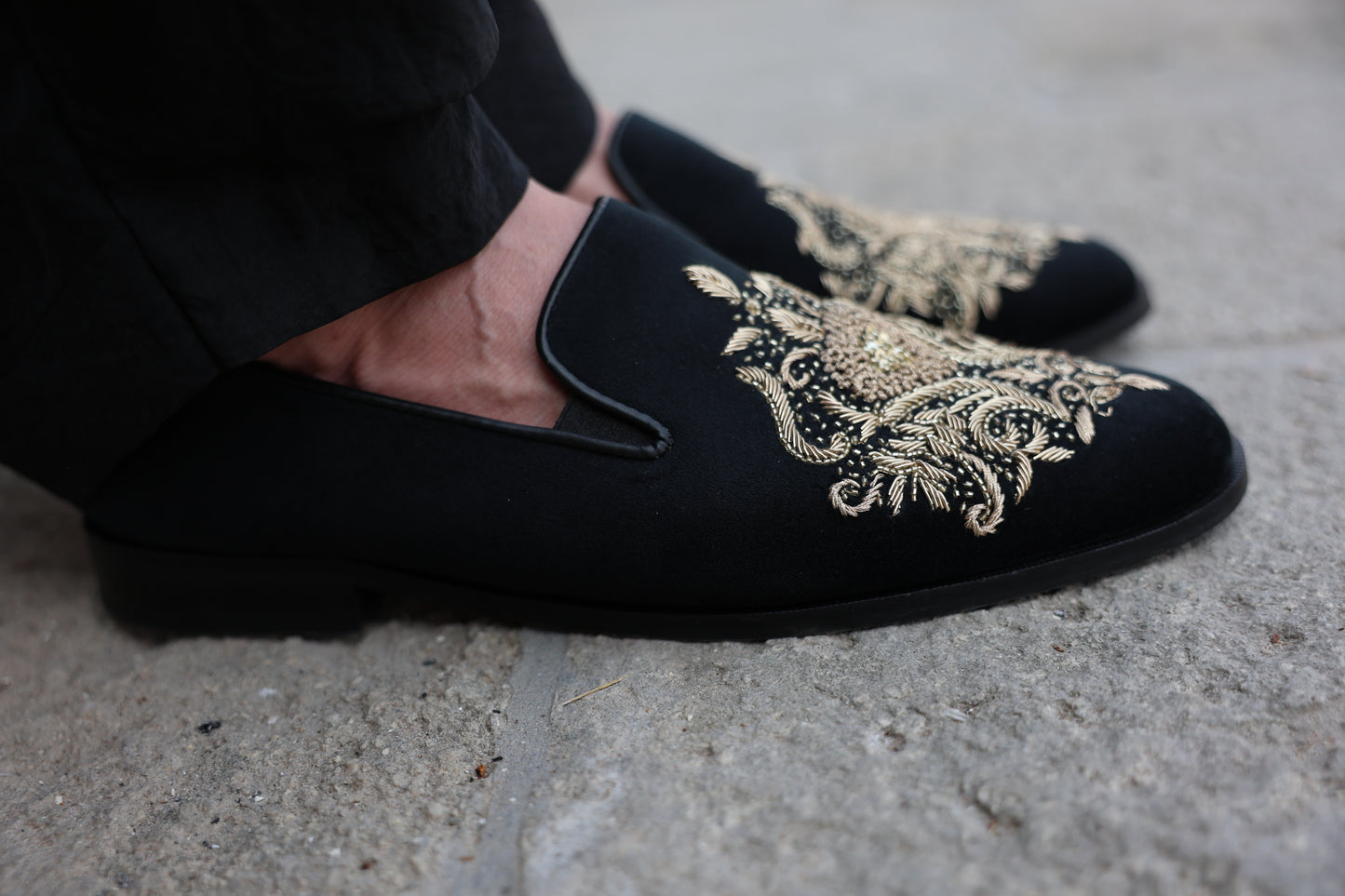 Black Velvet Shoes with Royal Gold Zardozi Work