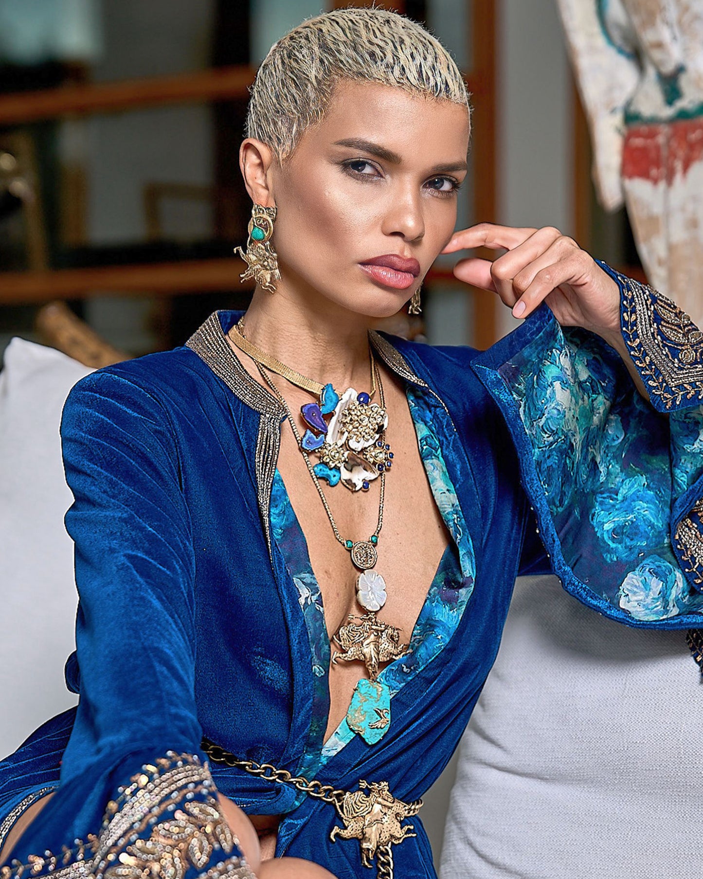 Mother of Pearl Turquoise and Natural Stones Long Necklace with Madame Sibarita Logo