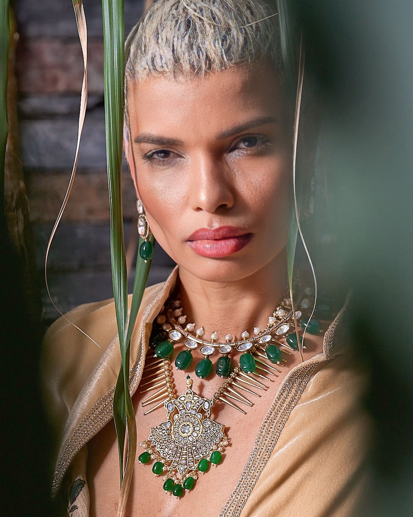 Midi Lenght Kundan Crystal Necklace and Earring Set with Green Stone