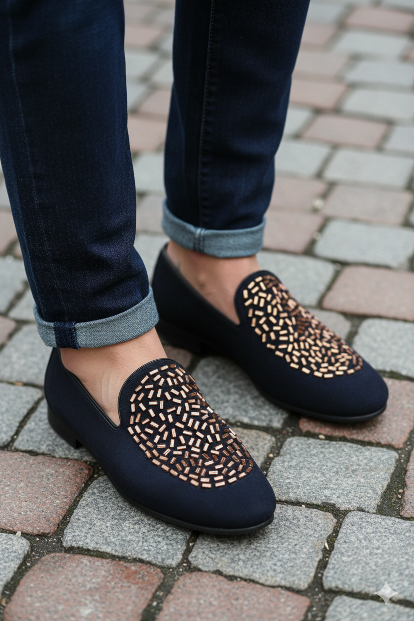 Black Velvet Loafers with Copper Bead Embellishment