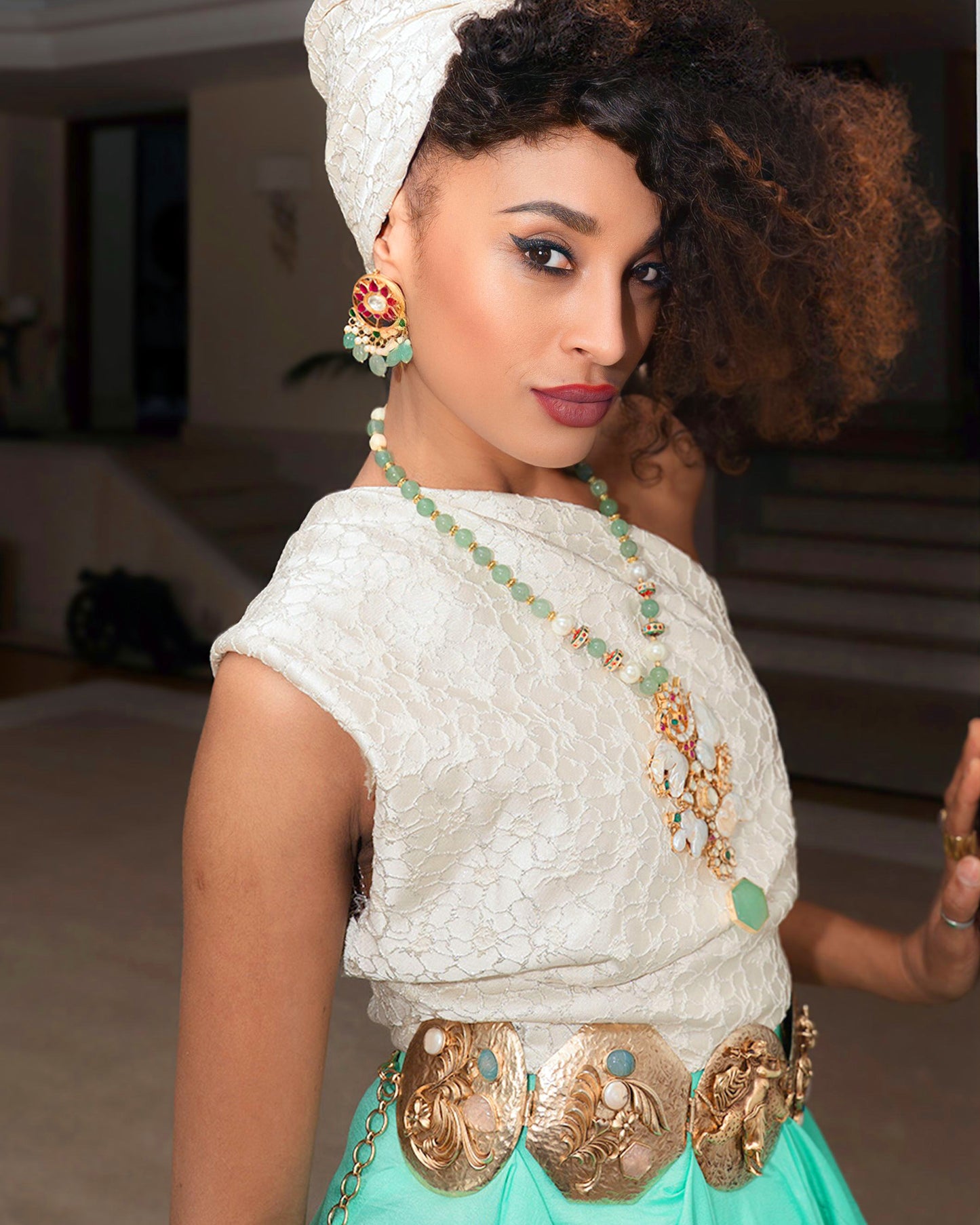 Long Necklace with Mother of Pearl Detailing and Green Quartz Beads