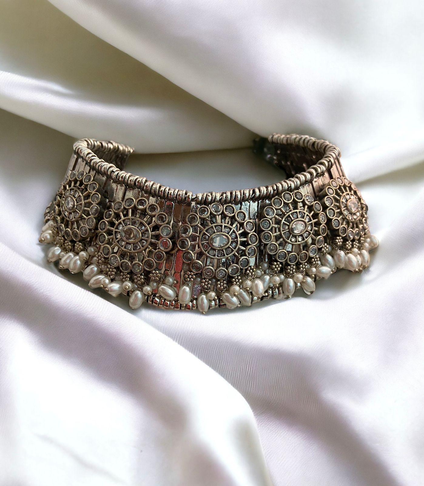 Rose Cut Crystals on Silver Choker