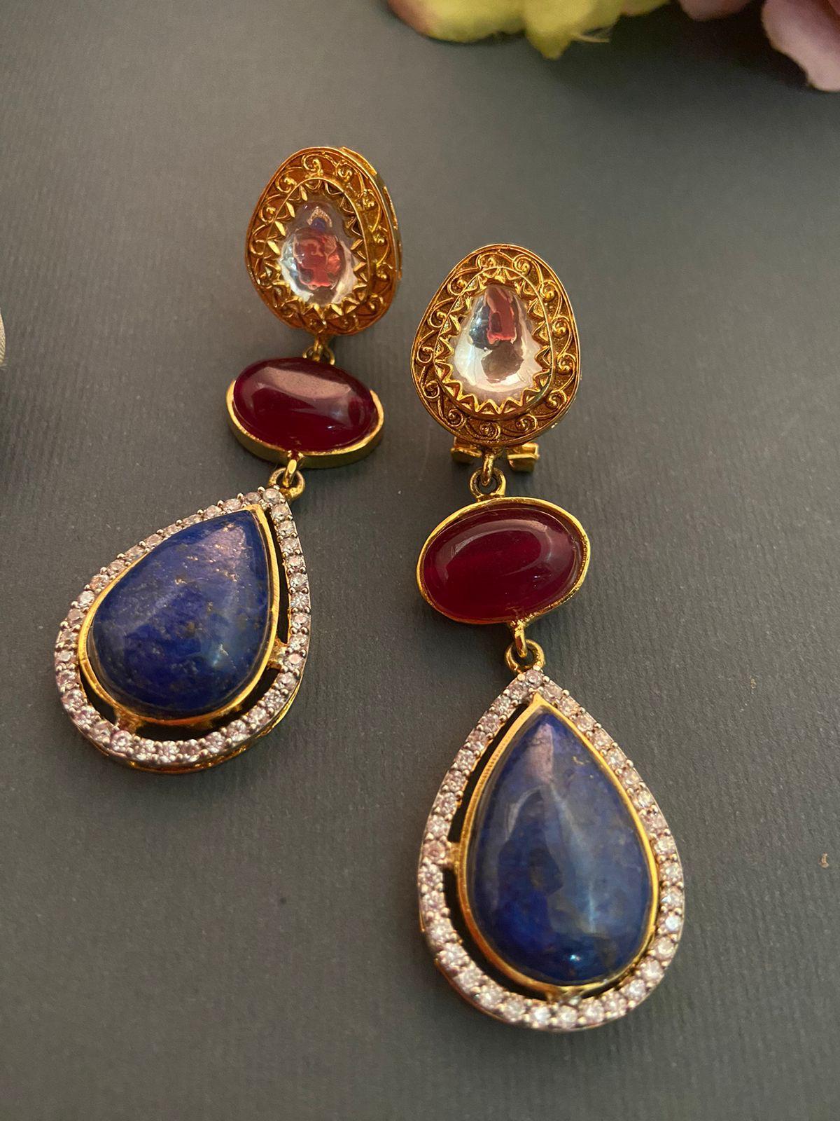 Blue Lapis, Red Quartz & Kundan Stone Earrings
