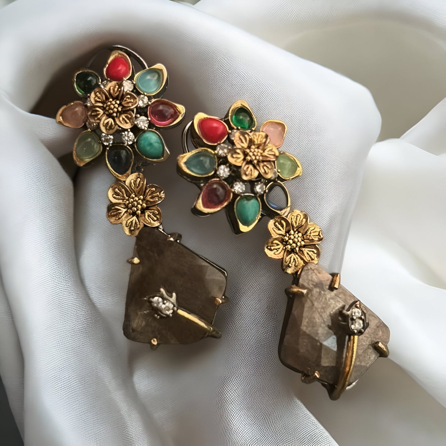 Multi Colour and Blue Sapphire Stones Earrings