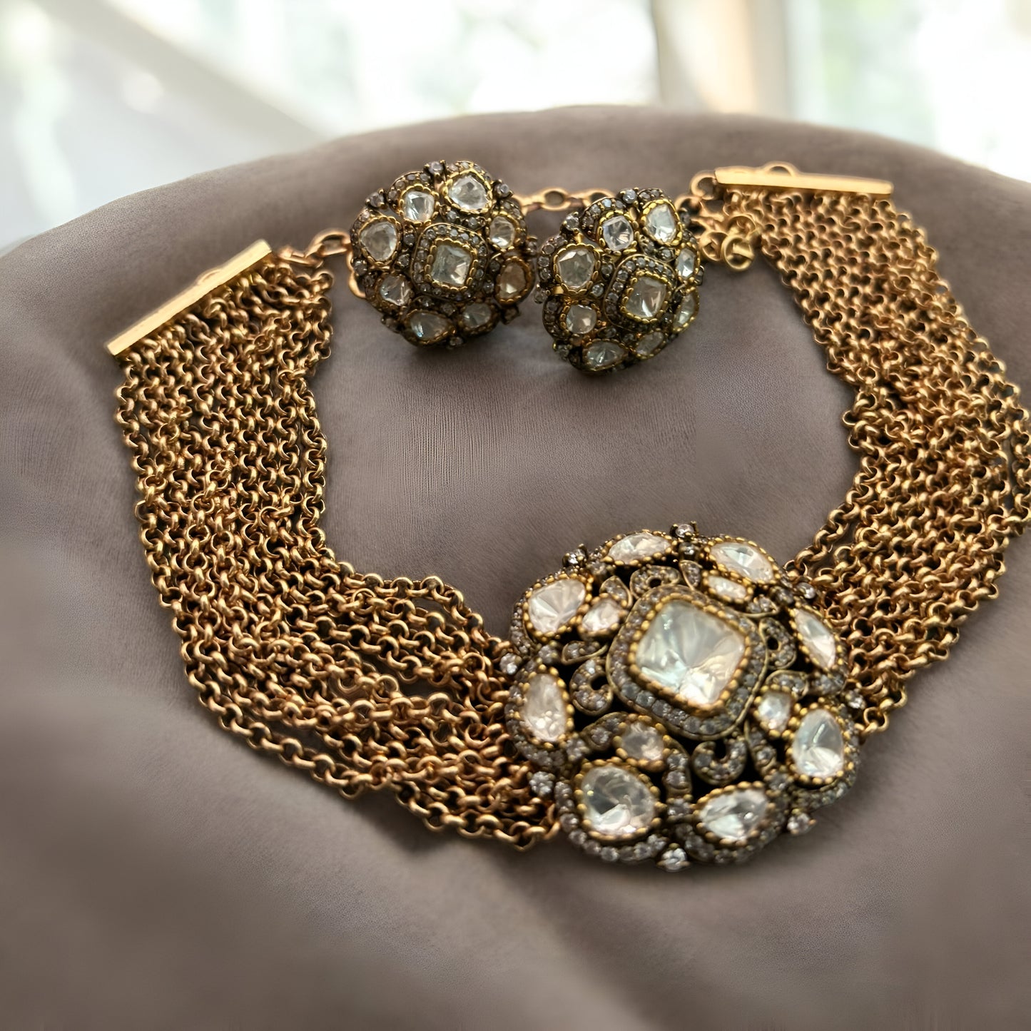 Kundan Crystal with Chain Detailing Necklace & Earrings