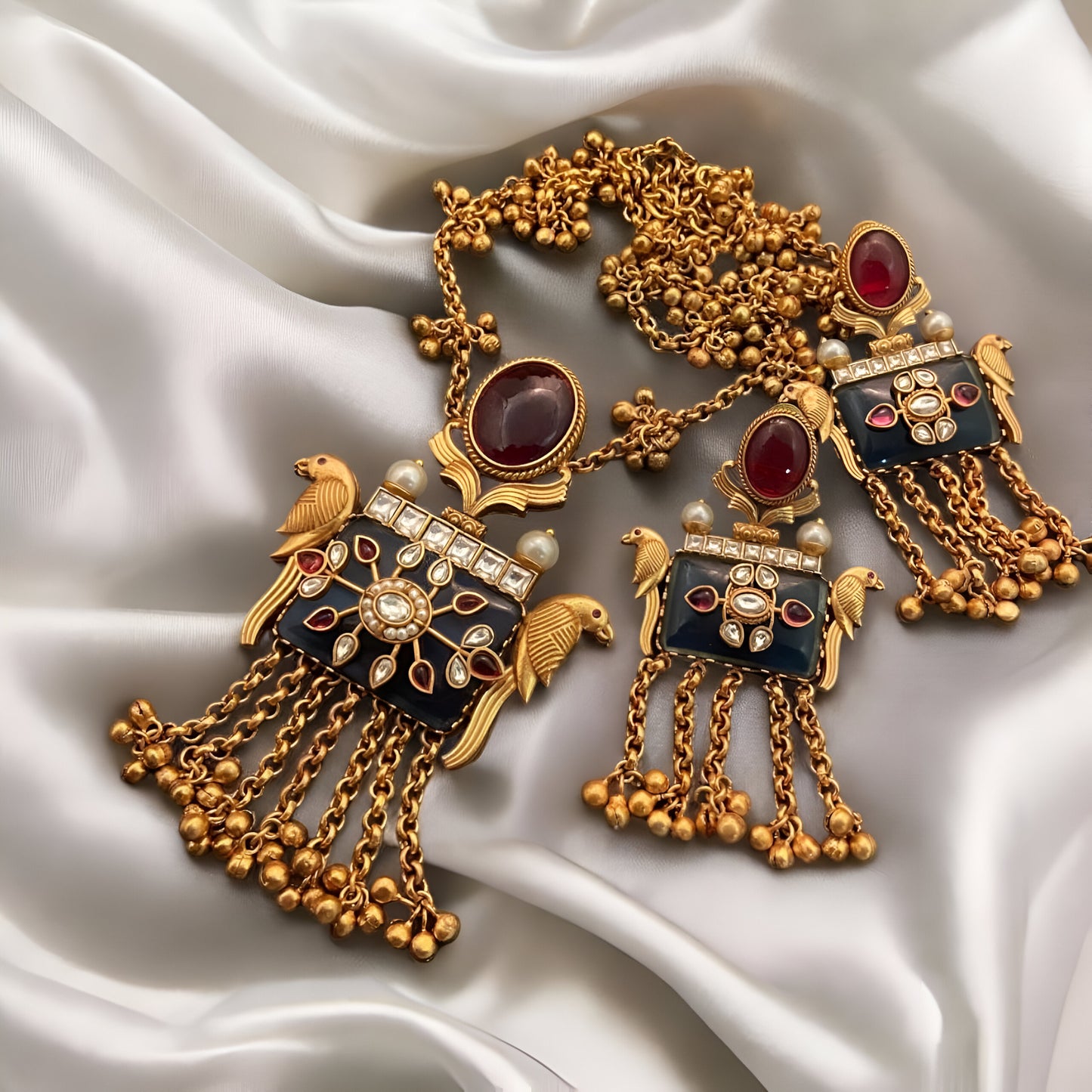 Blue Quartz Stone with Bird Motif Necklace & Earrings