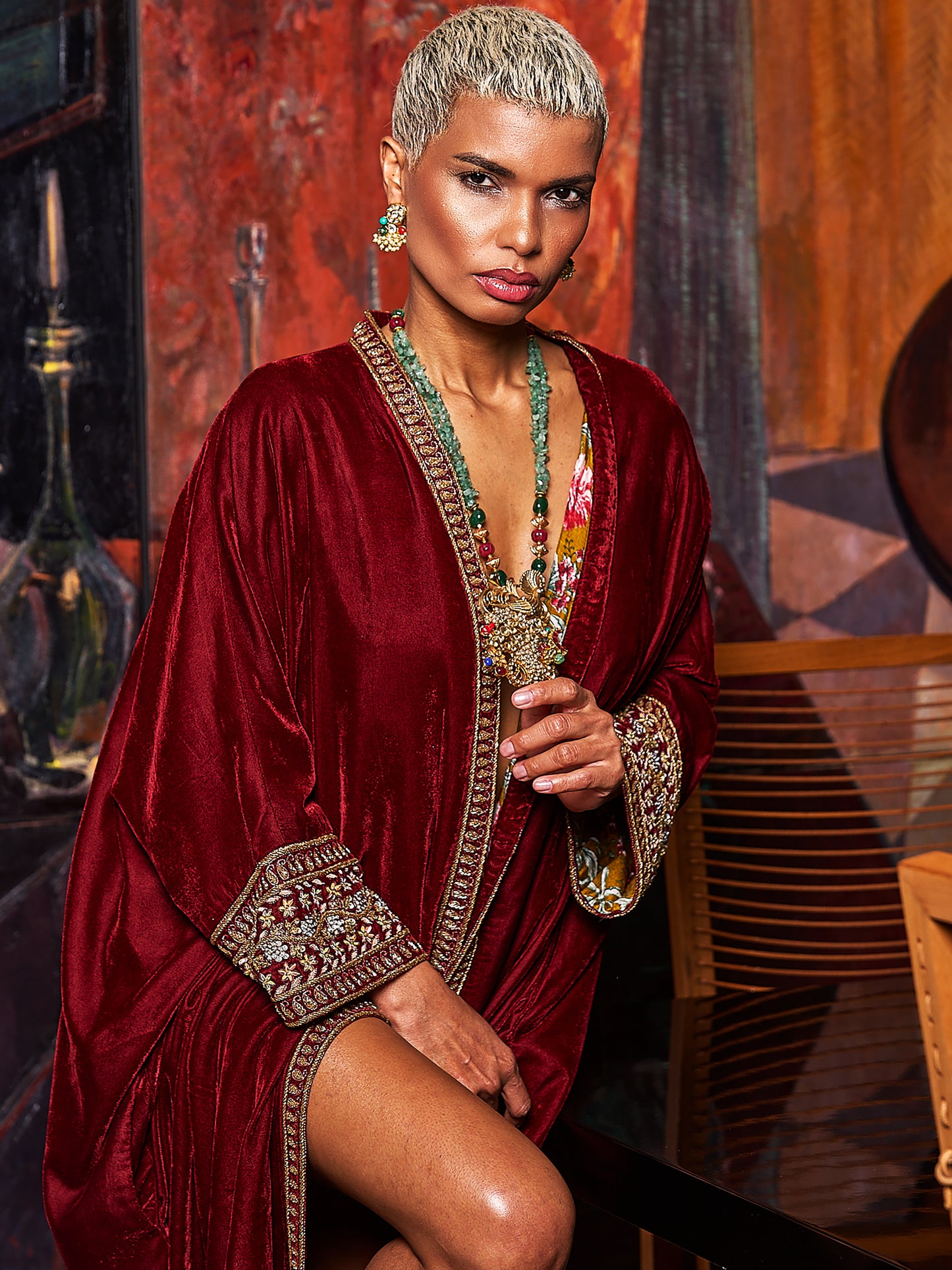 Maroon Velvet And Silk Abaya Embroidered Jacket