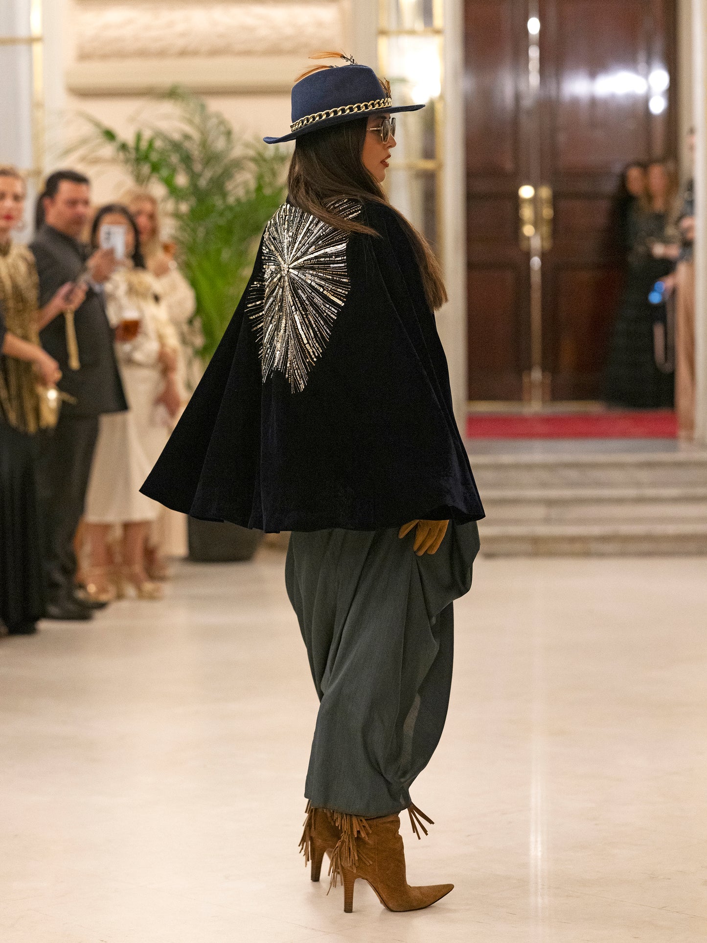 Navy Blue Velvet And Silk Embroidered Short Cape