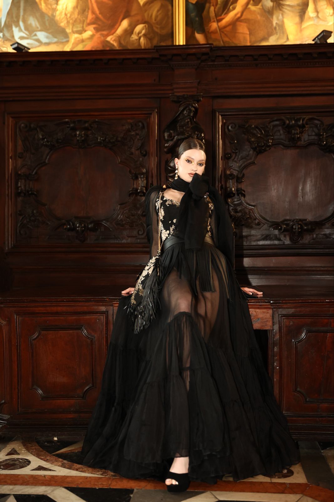 Golden Rose Embroidered Bodysuit with Organza Skirt & Leather Fringe Belt