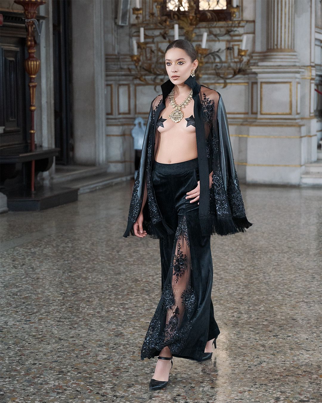 Black Leather Embroidered Cape with Sheer Net & Embroidered Pant Set