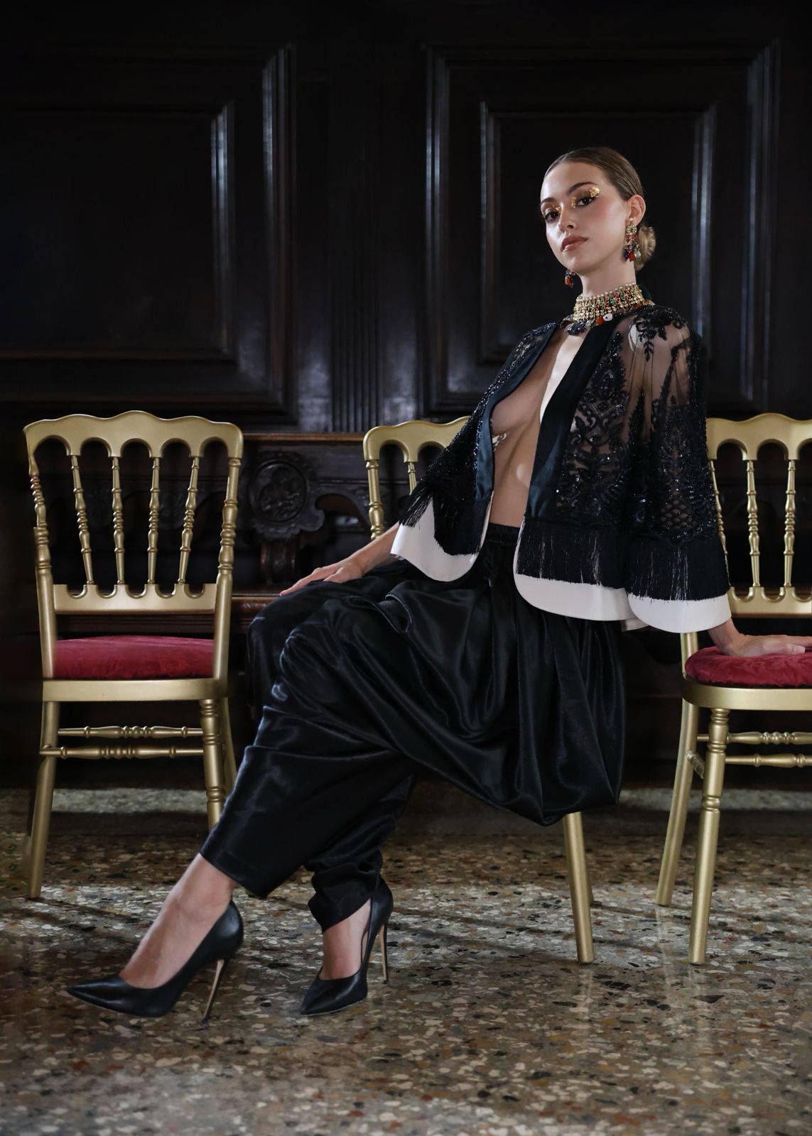 Embroidered Net and Vegan Leather Cape with Black Satin Dhoti Pants Set