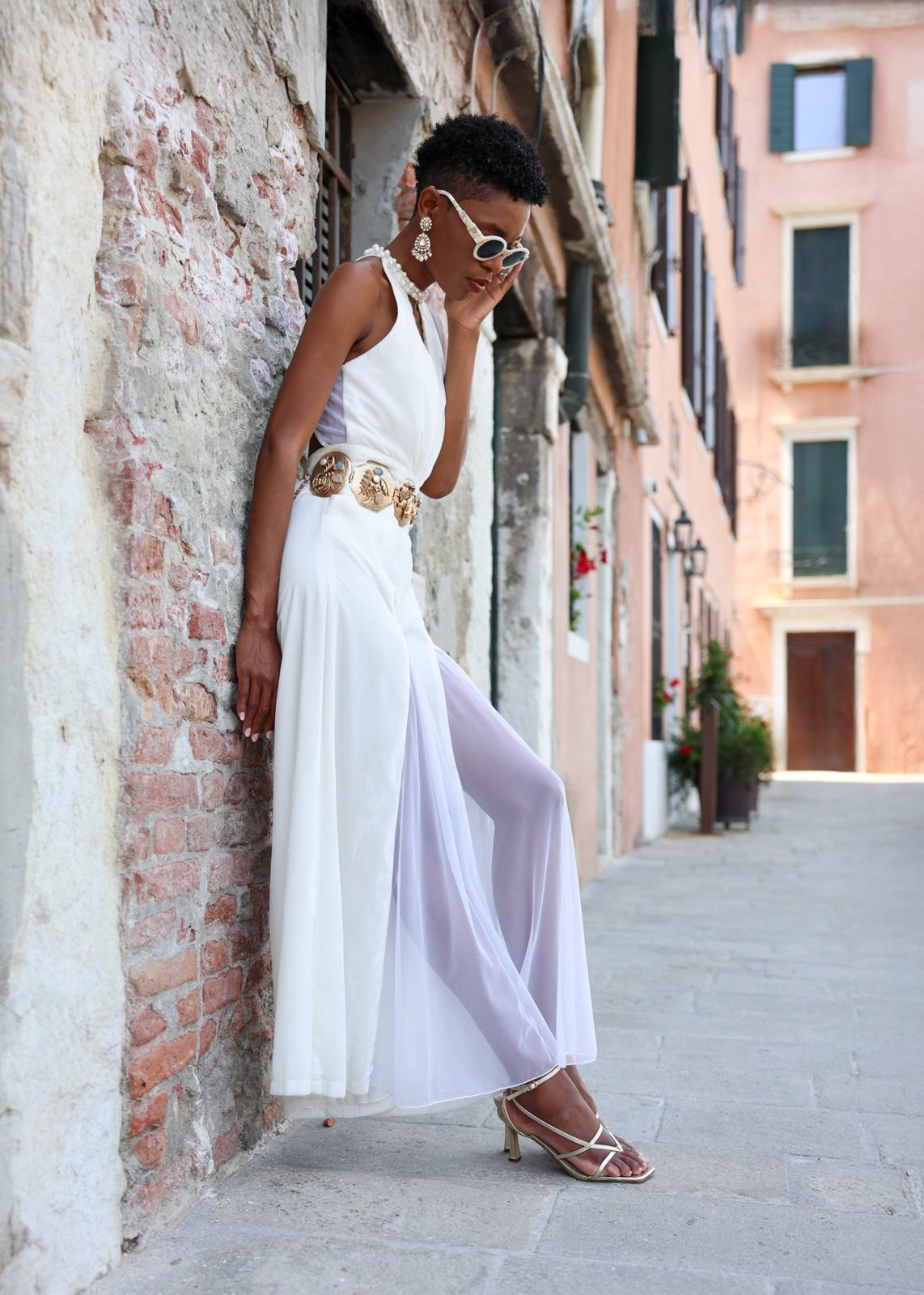 Embroidered White Velvet Cape and Jumpsuit Set