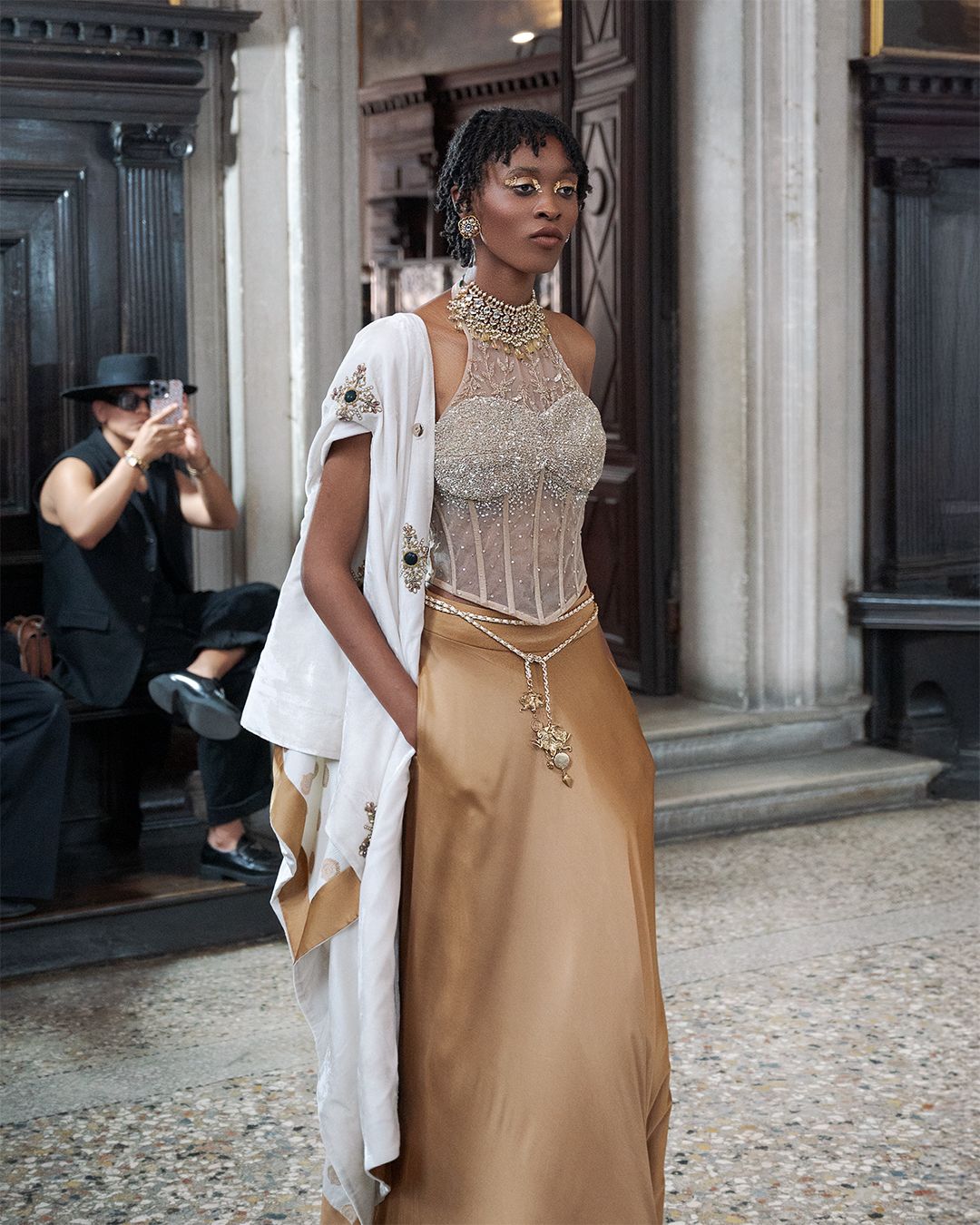 Luxe Halter Neck Corset, Embroidered Lehenga, and Silk Shawl Set