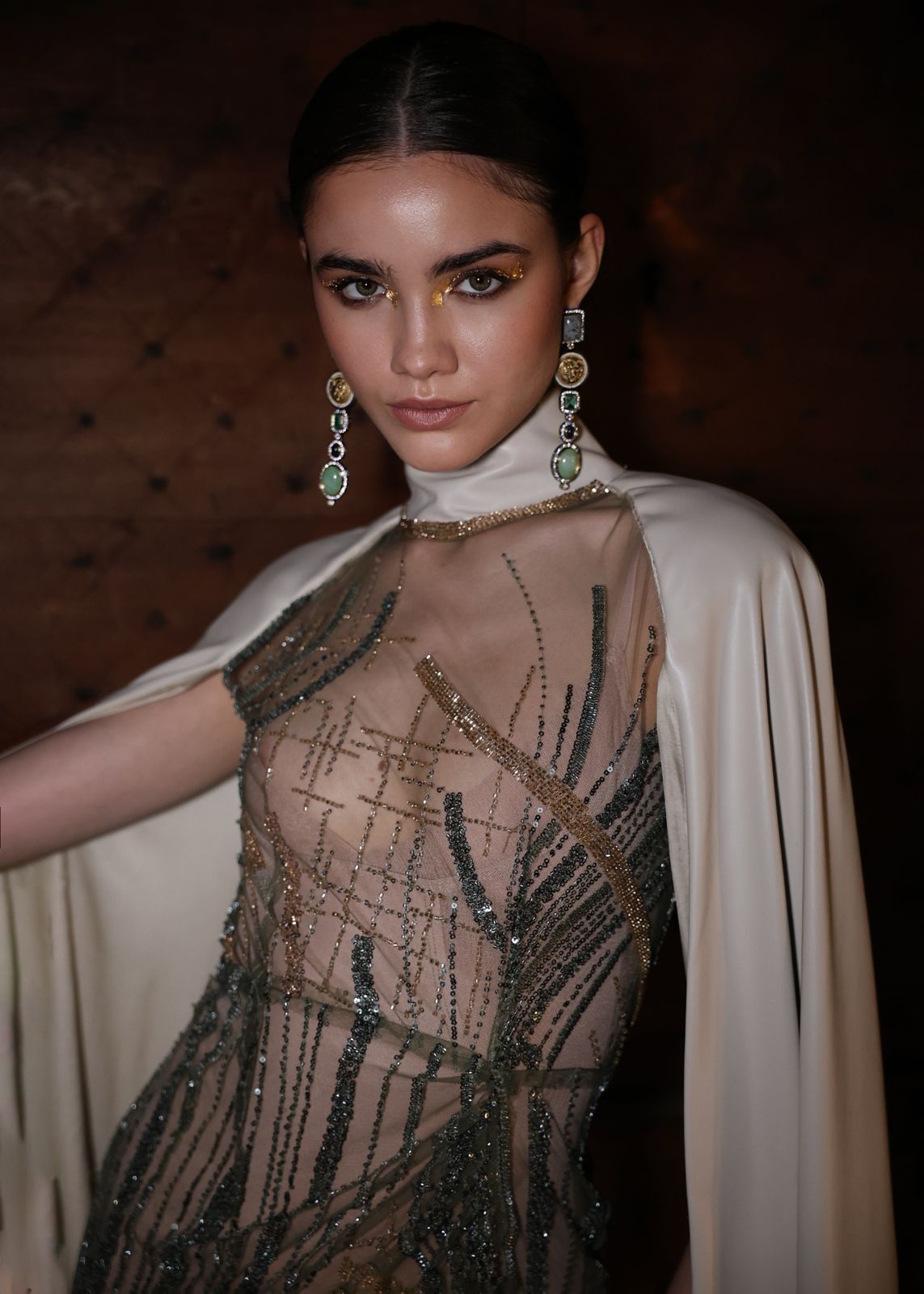 High-Slit Embroidered Net Gown with Off-White Vegan Leather Shoulder Cape