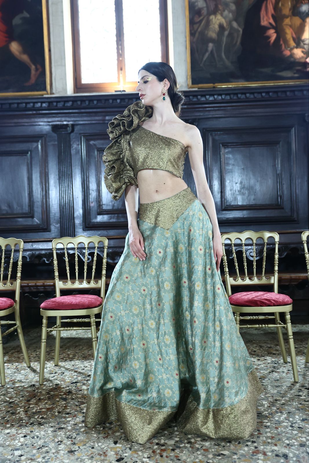 One-Shoulder Sequin Crop Top and Banarasi Brocade Silk Skirt Set