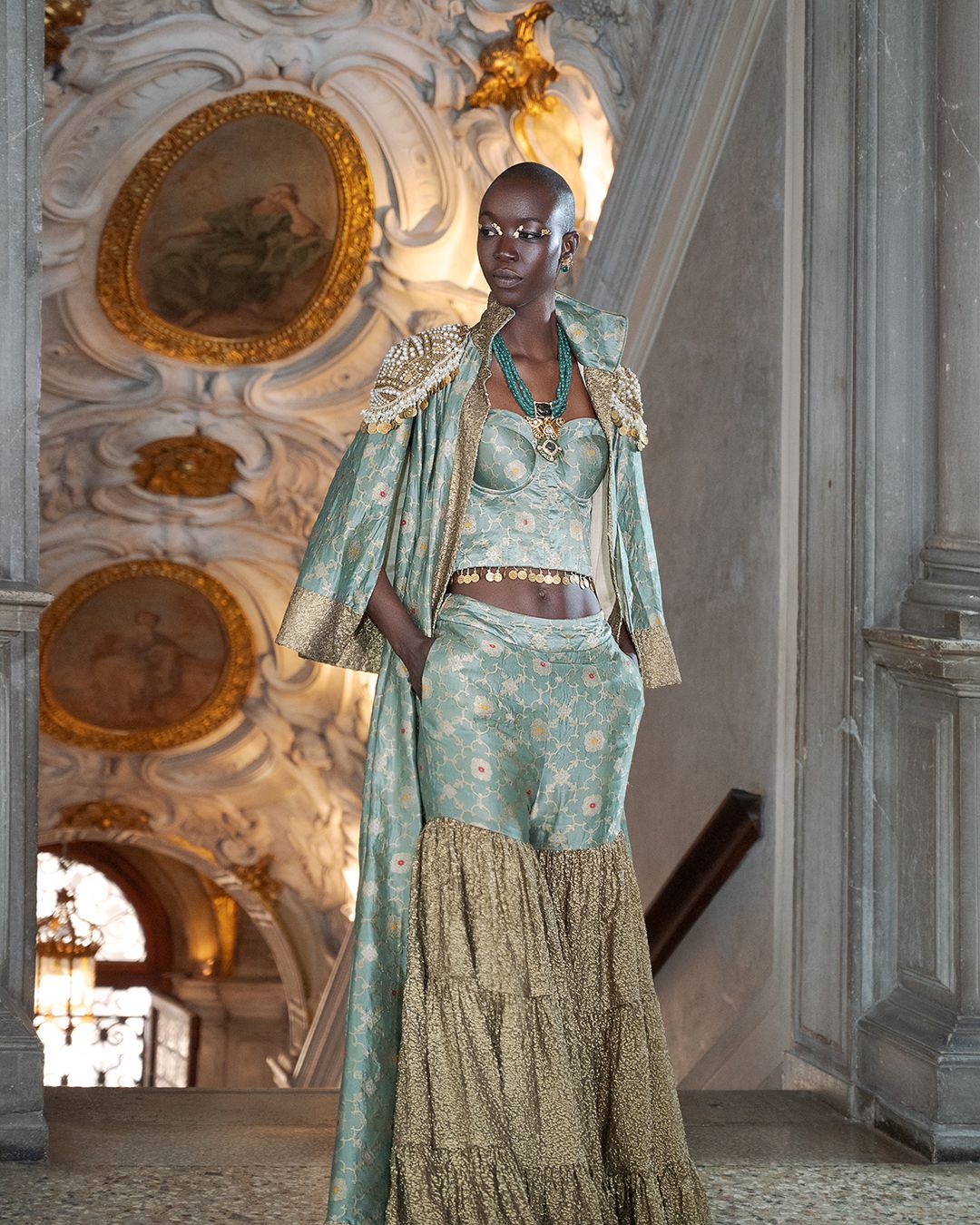 Turquoise Banarasi Brocade Long Jacket, Bustier, and Garara Set