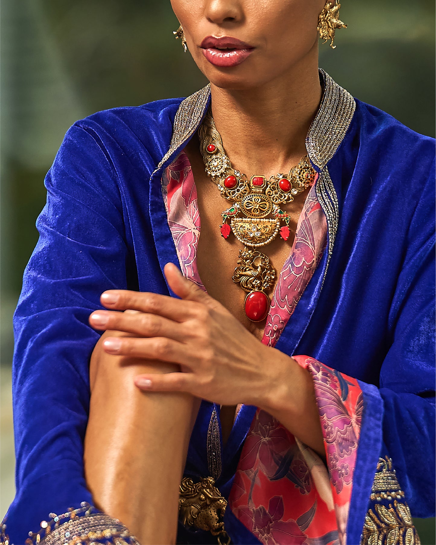 Royal Blue Velvet And Silk Rumal Sleeves Embroidered Jacket