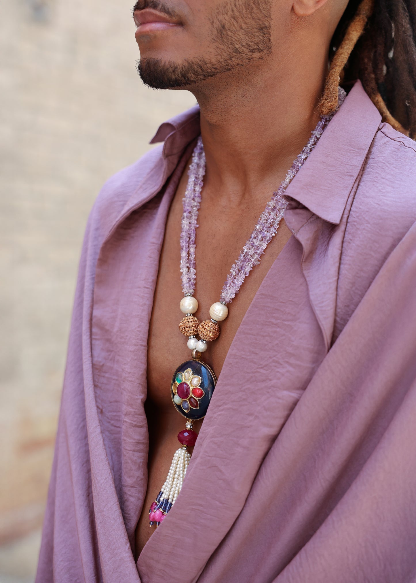 Modern Man Deep V-Neck Oversized Shirt & Navy Blue Wide Pleat Trousers