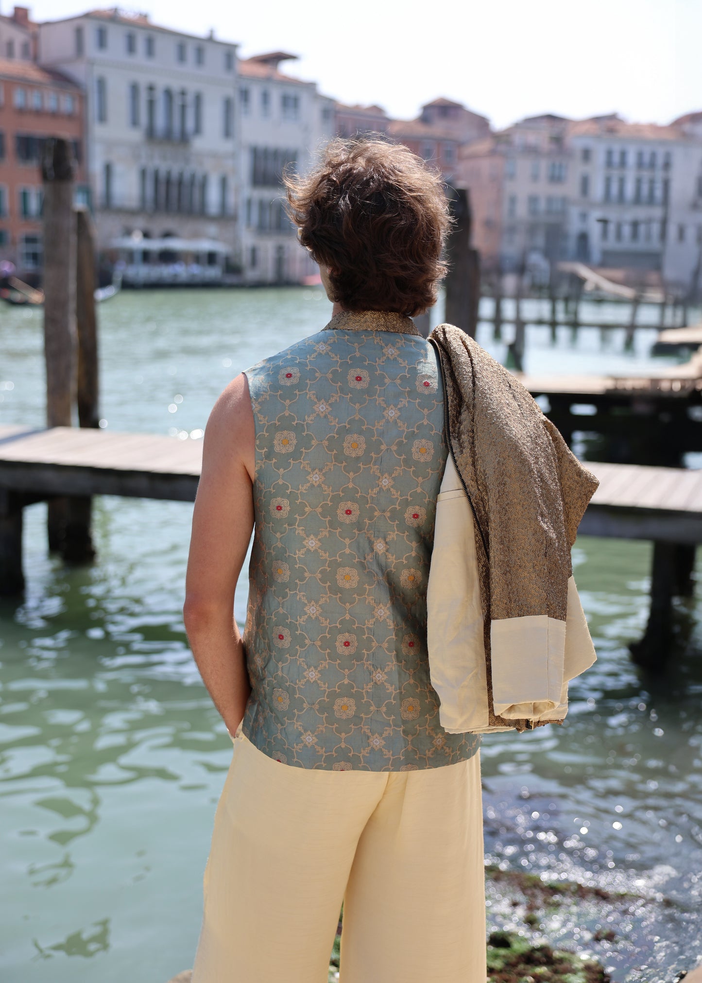 Brocade Vest & Sequin Contrast jacket with Plain Silk Pants