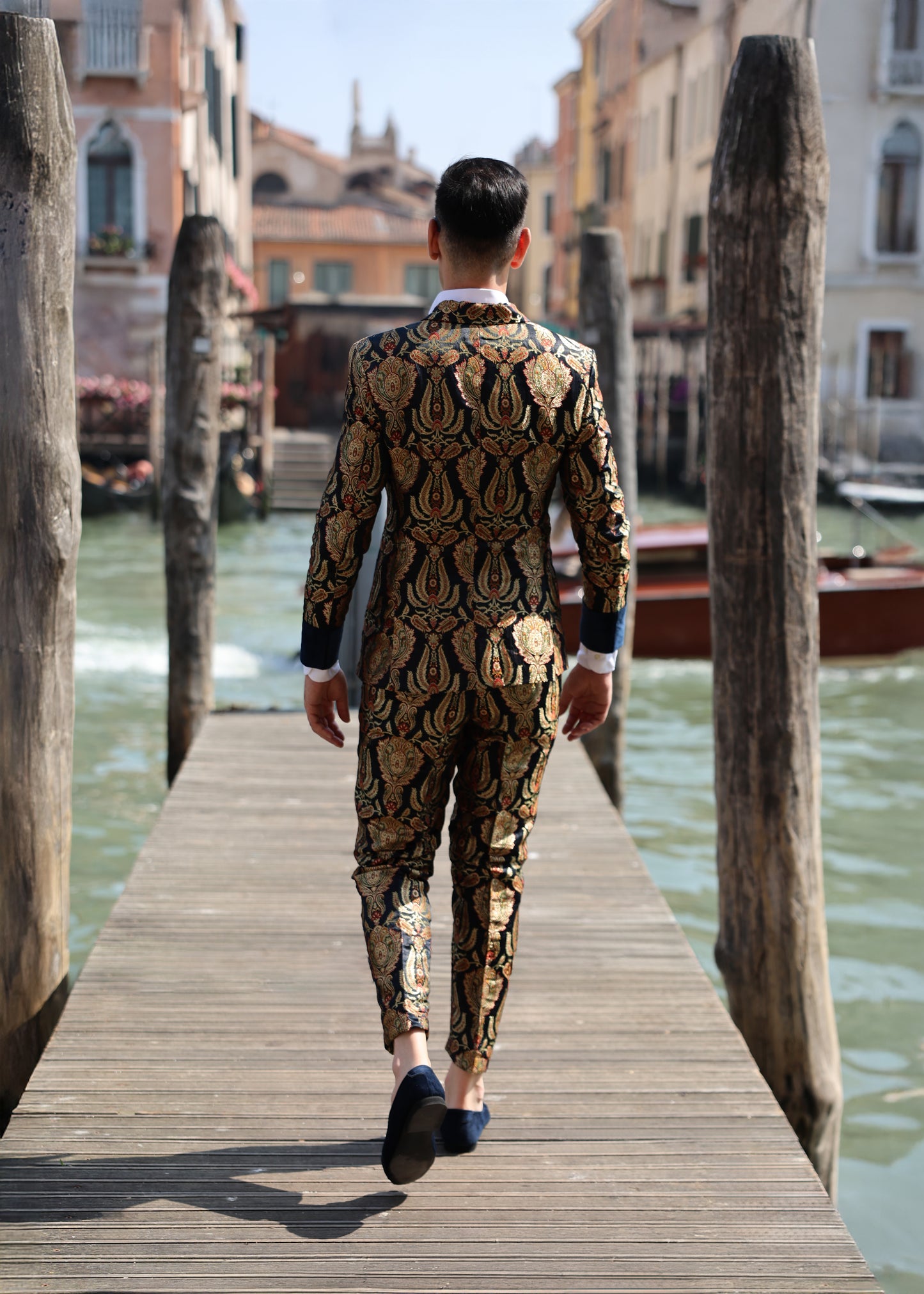 Navy Blue and Gold Paisley Brocade Suit