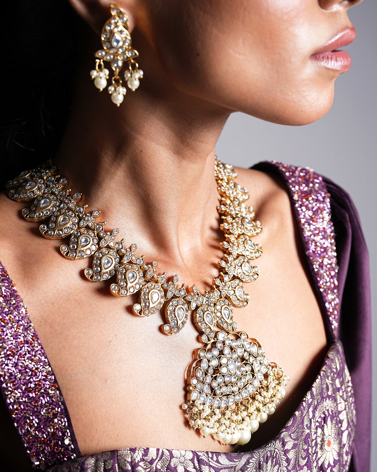 Kundan Crystal with Pearl Detailing Necklace & Earrings