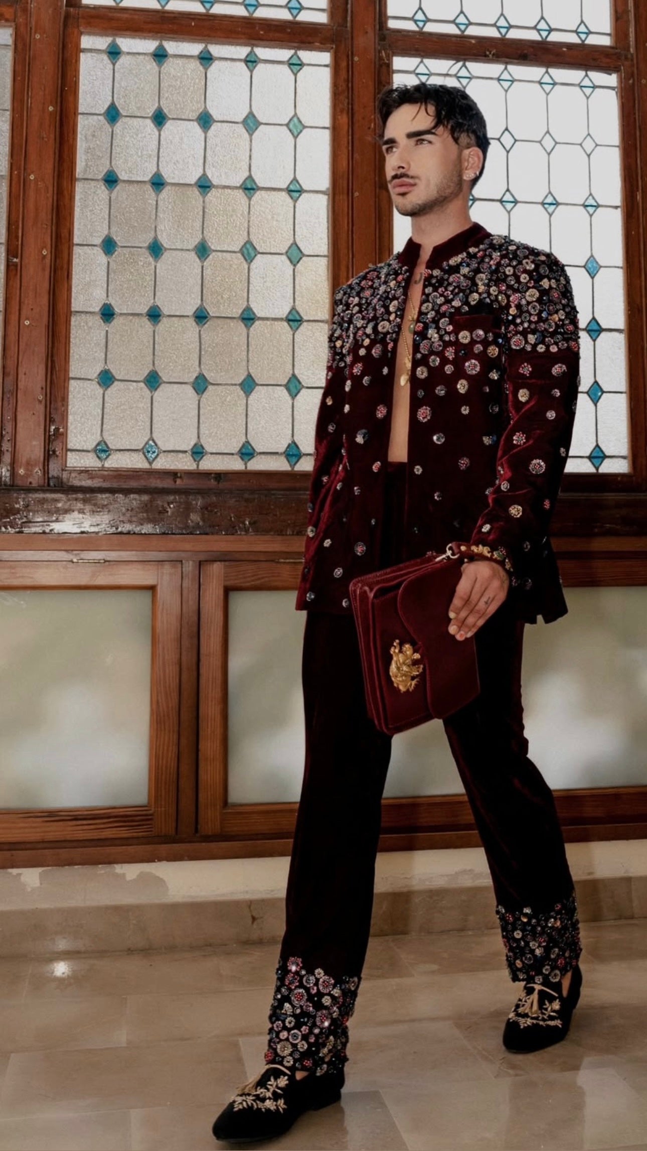 Maroon Velvet Embellished Nehru Jacket and Pant Suit Set