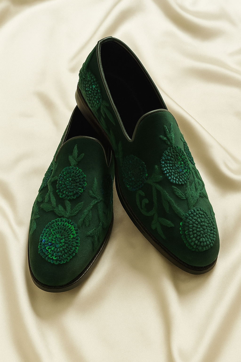 Bespoke Deep Green Mules with Hand-Embroidered Flowers