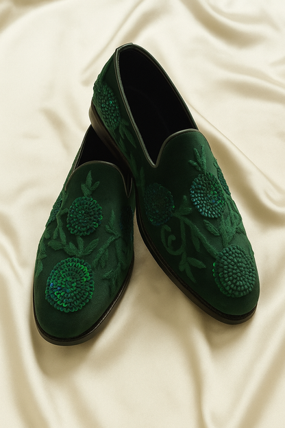 Bespoke Deep Green Mules with Hand-Embroidered Flowers