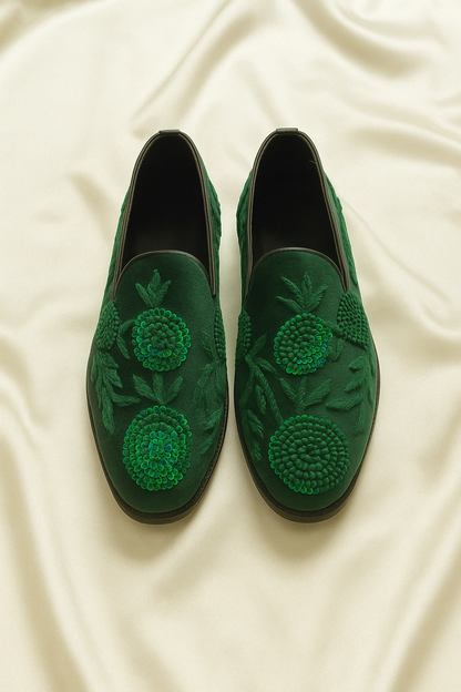 Bespoke Deep Green Mules with Hand-Embroidered Flowers