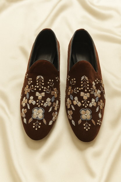 Bespoke Chocolate Suede Mules with Handcrafted Flower Motif