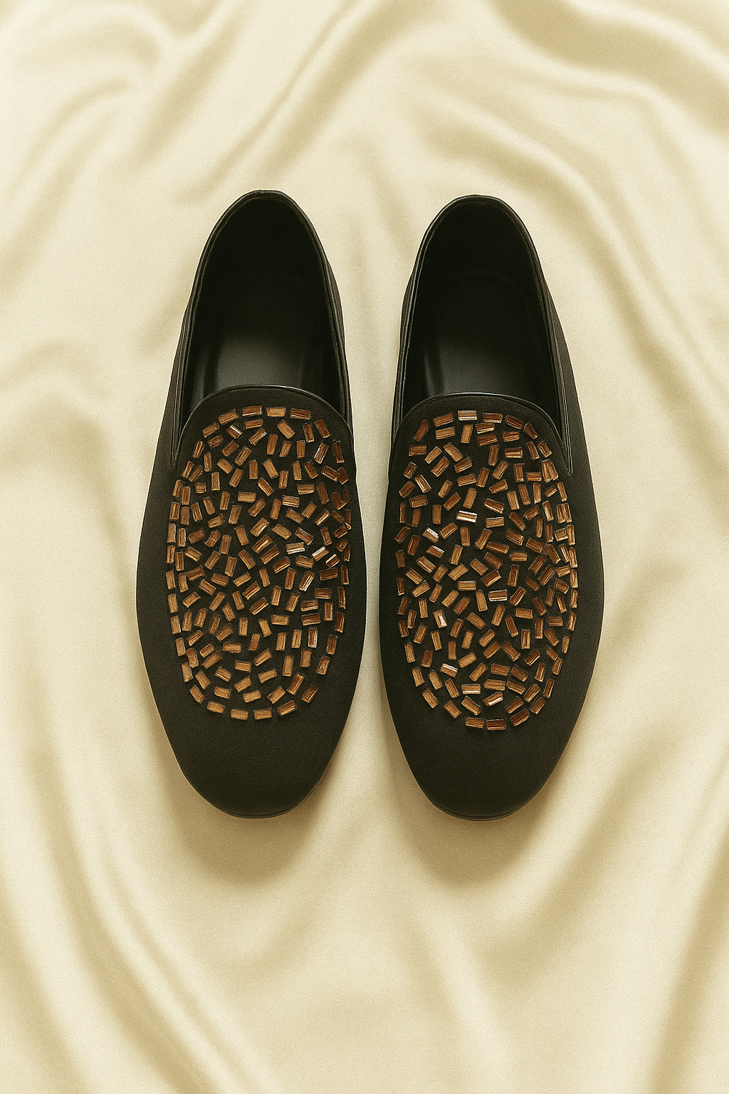 Black Velvet Loafers with Copper Bead Embellishment
