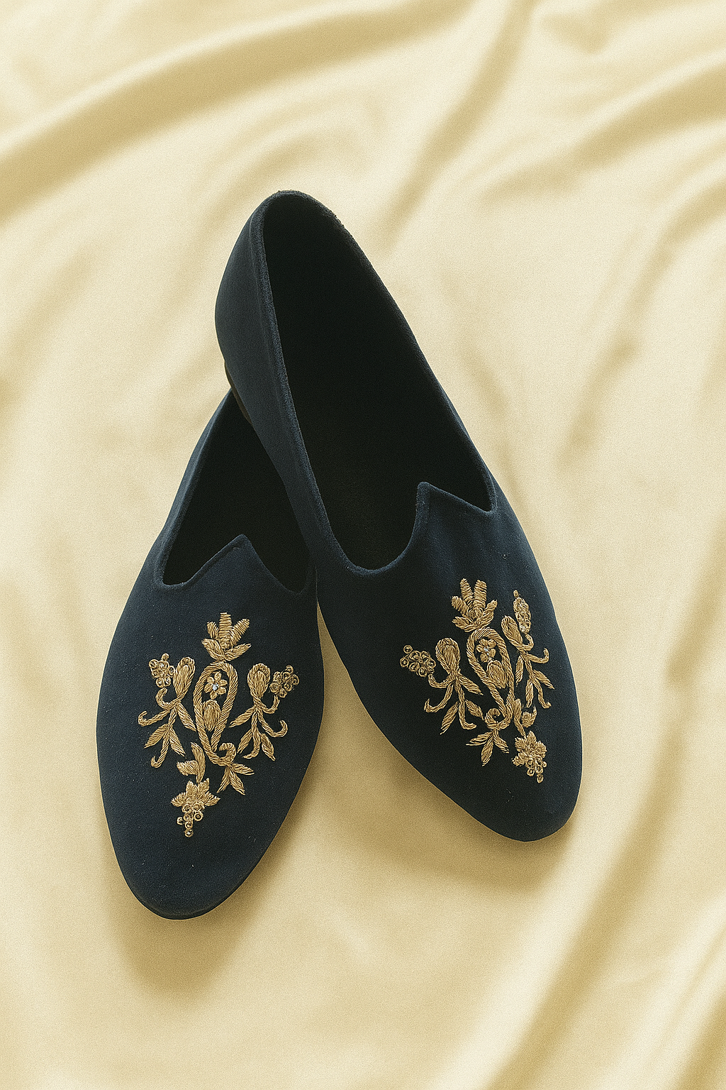 Navy Blue Velvet Slip-Ons with Gold Zardozi Embroidery