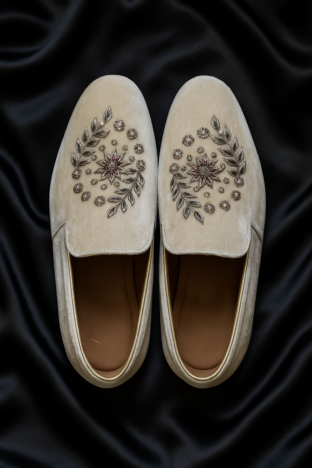 Ivory Velvet Embroidered Slip-On Loafers