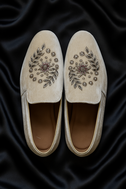 Ivory Velvet Embroidered Slip-On Loafers