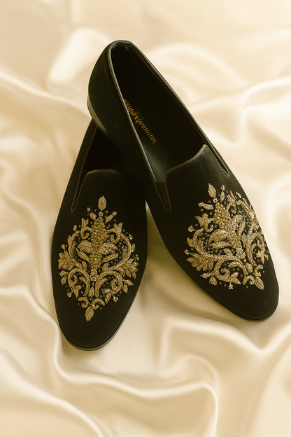 Black Velvet Shoes with Royal Gold Zardozi Work