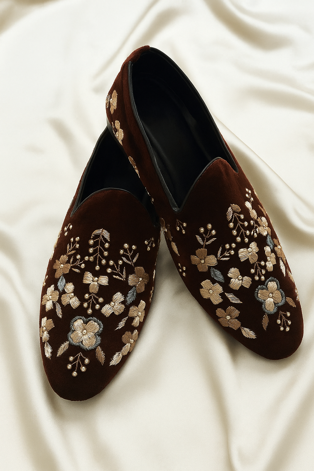Bespoke Chocolate Suede Mules with Handcrafted Flower Motif