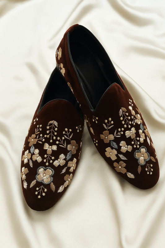 Bespoke Chocolate Suede Mules with Handcrafted Flower Motif