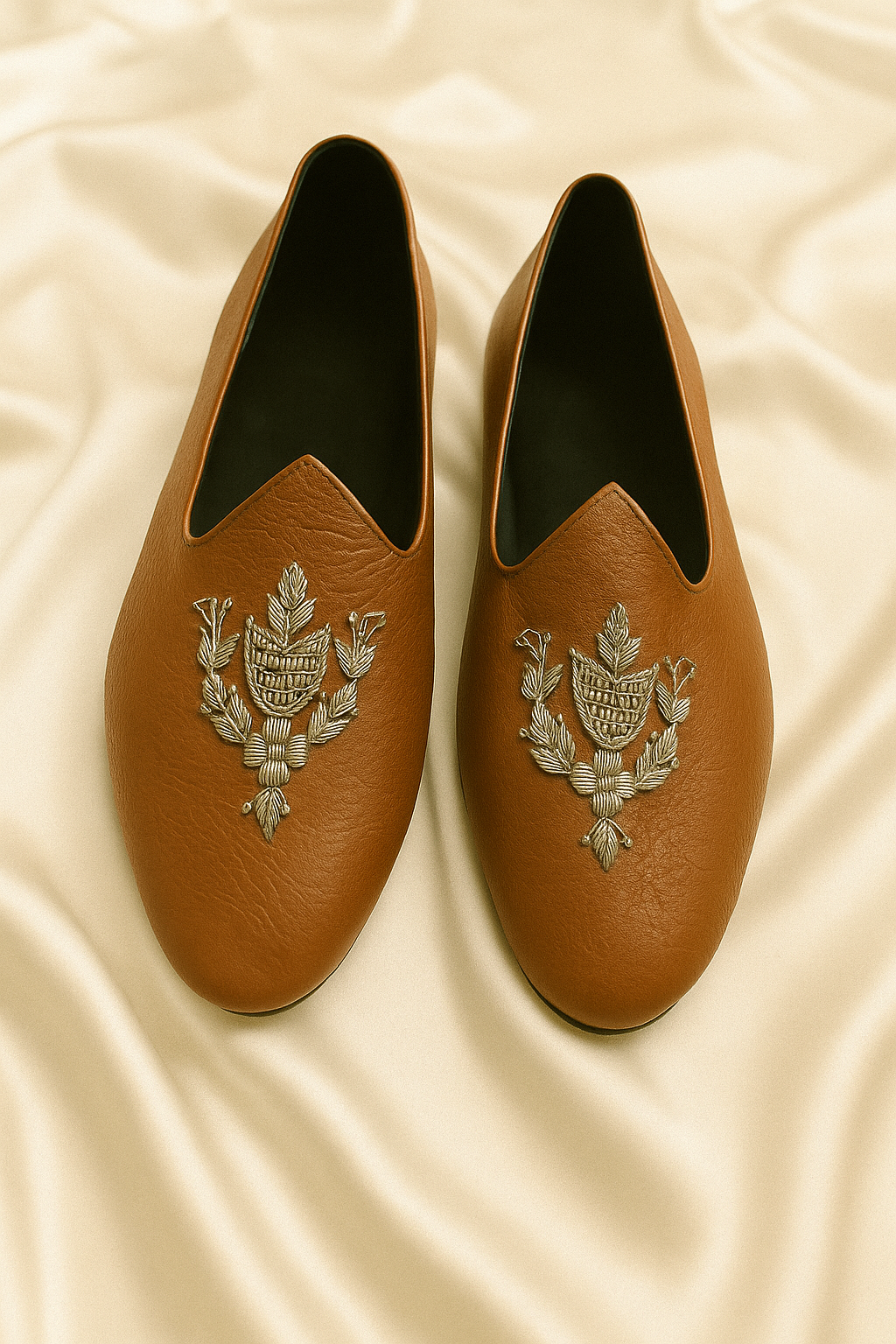 Men's Brown Dress Loafers with Silver Threadwork