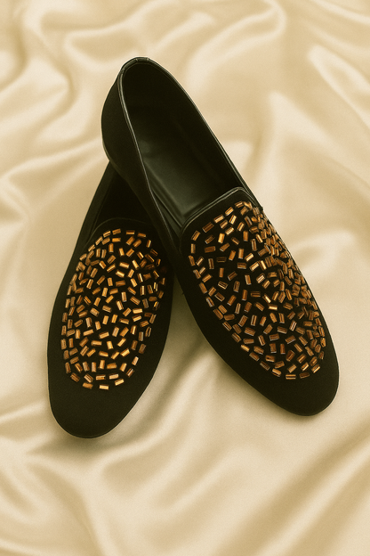 Black Velvet Loafers with Copper Bead Embellishment