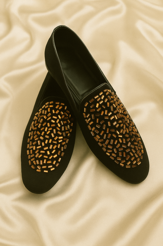 Black Velvet Loafers with Copper Bead Embellishment