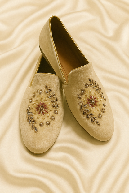 Ivory Velvet Embroidered Slip-On Loafers