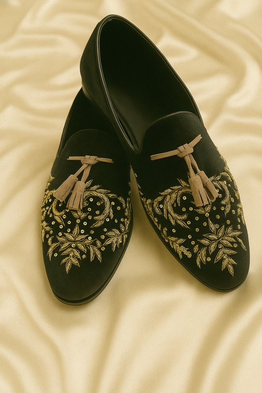 Black Suede Tassel Loafers with Gold Zari Embroidery