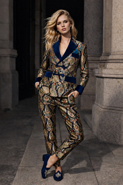 Navy Blue and Gold Paisley Brocade Suit
