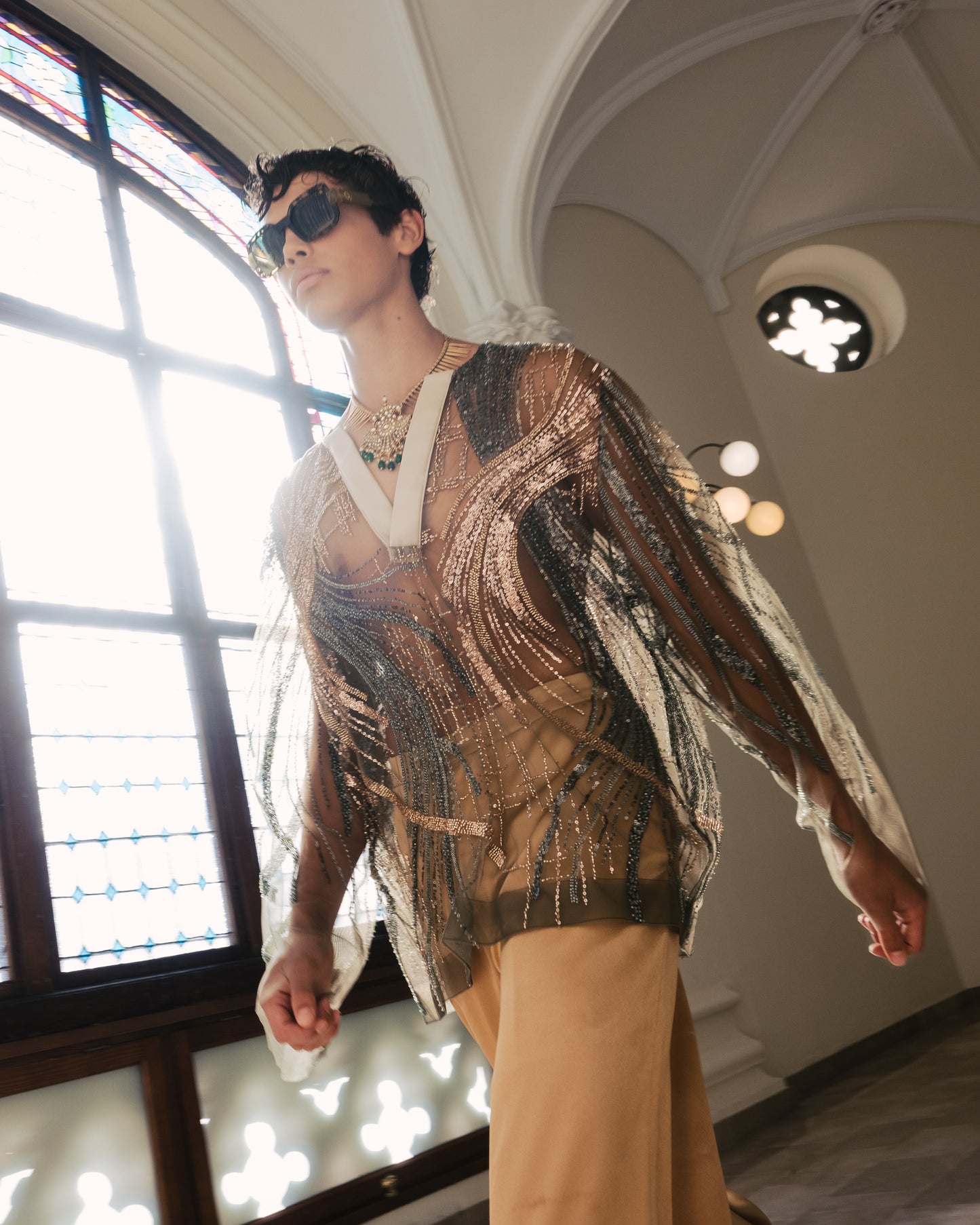 Men's Sheer Green Net Shirt with Sequence Embellishments