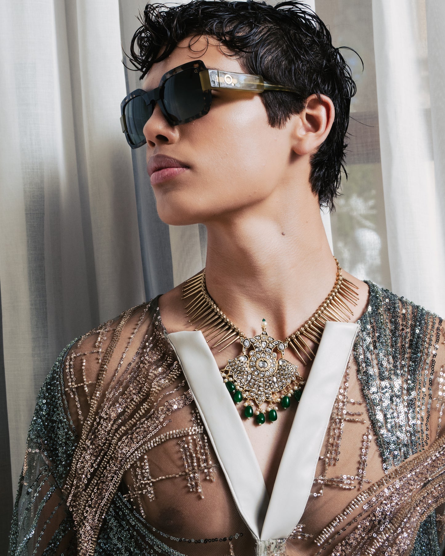 Men's Sheer Green Net Shirt with Sequence Embellishments