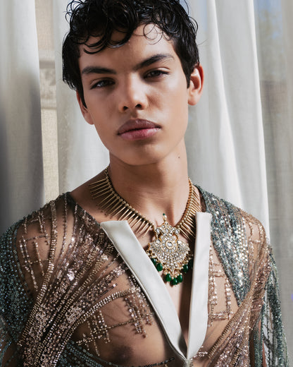 Men's Sheer Green Net Shirt with Sequence Embellishments